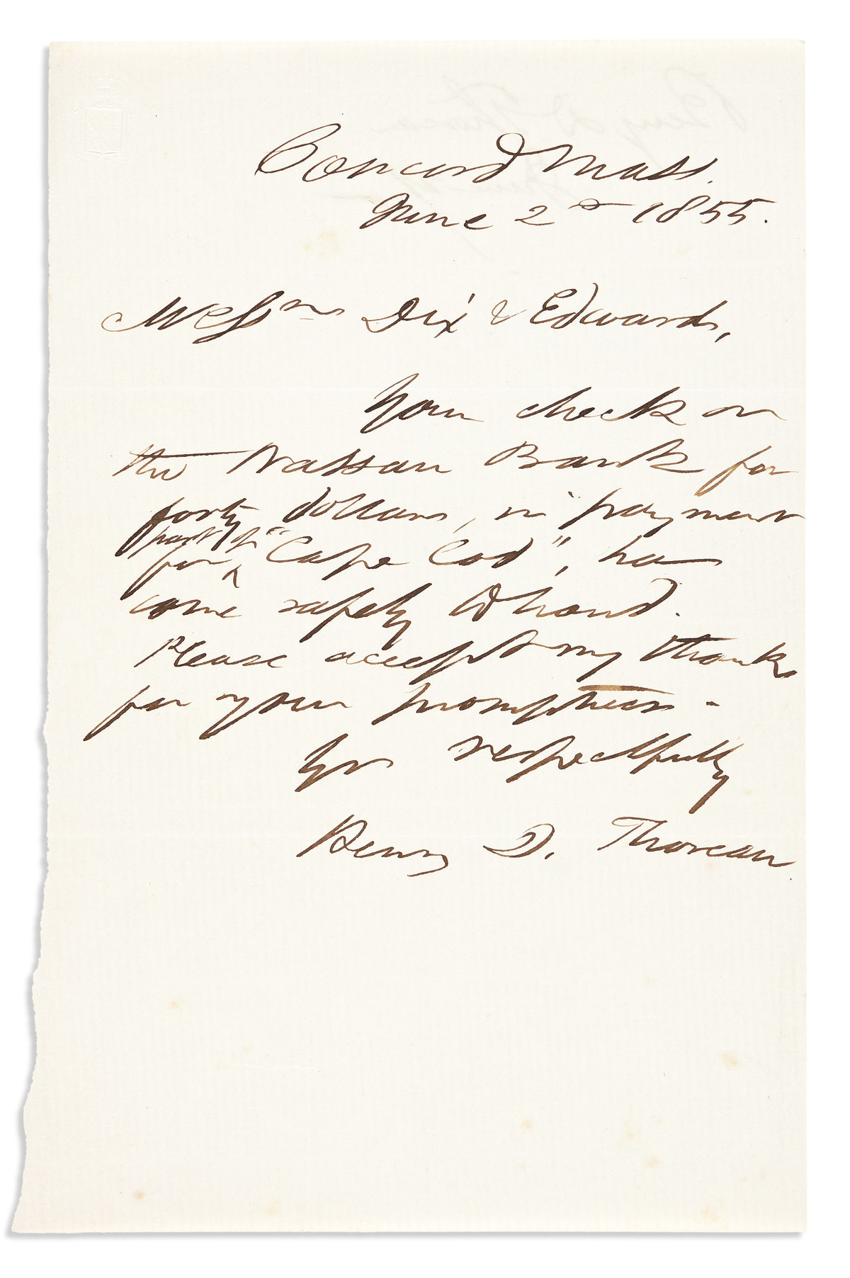 THOREAU, HENDRY DAVID. Autograph Letter Signed, Henry D. Thoreau, to the publishers of Putnams Monthly Dix & Edwards,